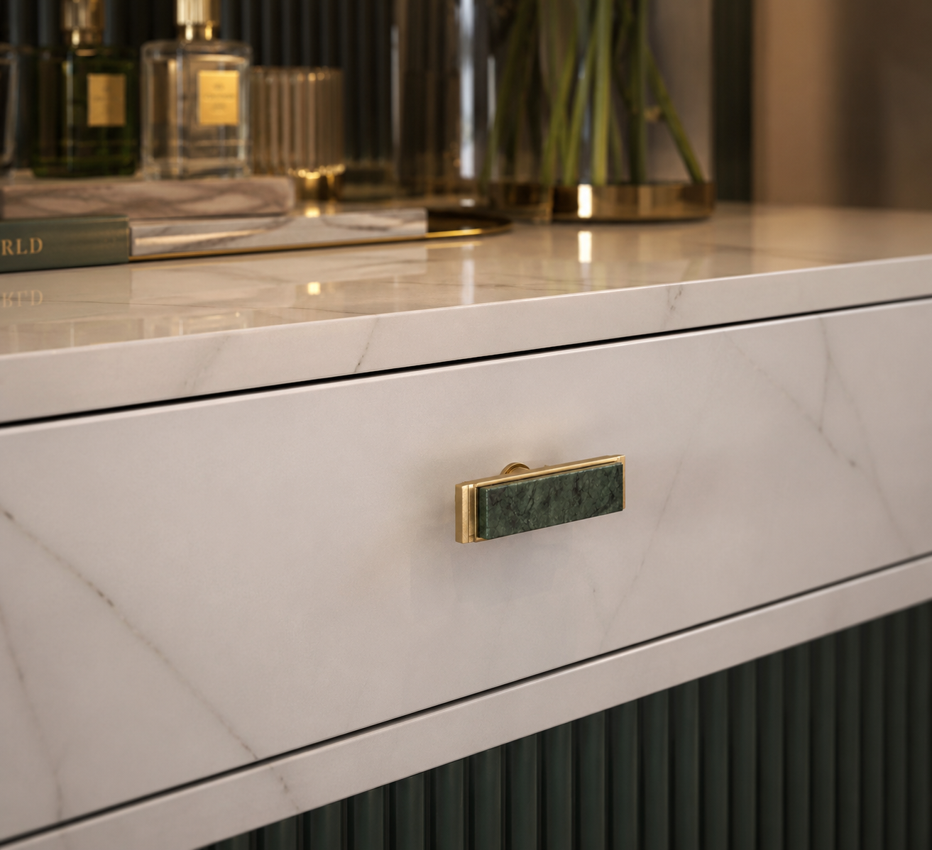 Image of Karish Modern White Marble & Brass T-Bar Handle