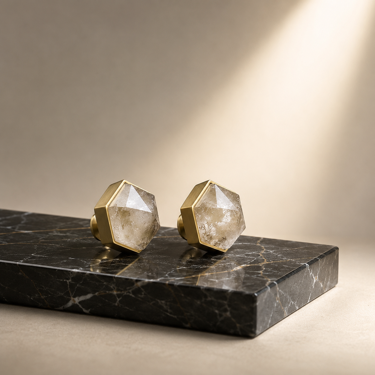 Image of Natural Crystal & Brass Hexagon Knob