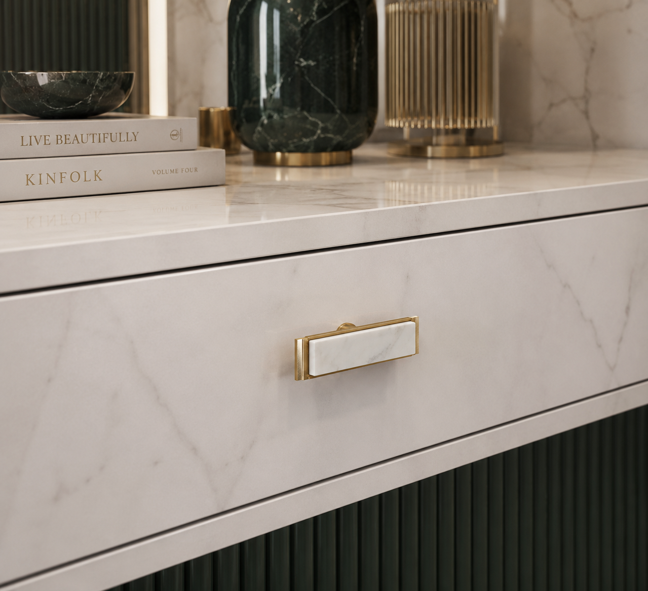 Image of Karish Modern White Marble & Brass T-Bar Handle