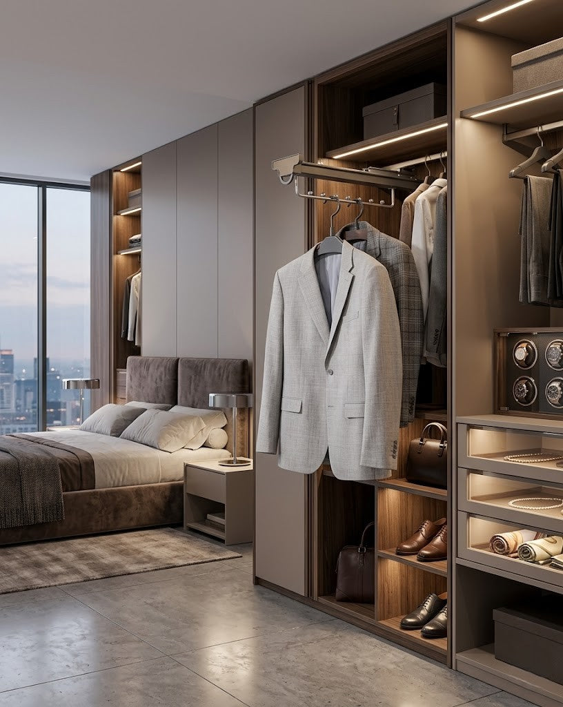 Image of Modern bedroom with a walk-in wardrobe featuring clothes and shoes.