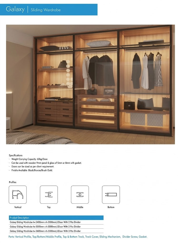 Image of Quba Symmetry Galaxy sliding Wooden wardrobe with sliding profile in a room setting, featuring product details.