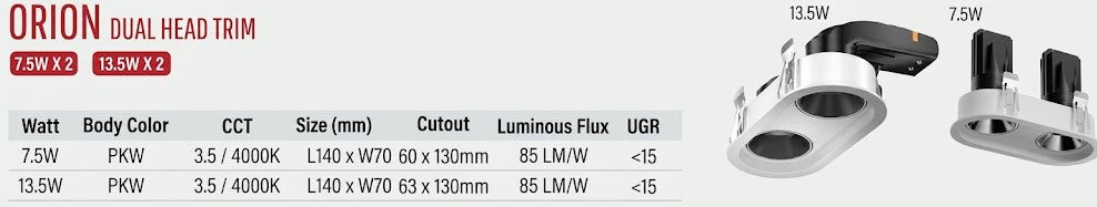 Image of LED Downlight Orion Dual Head Trim