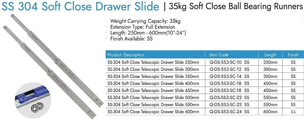 Image of SS 304 Soft Close Drawer Slide 35Kg