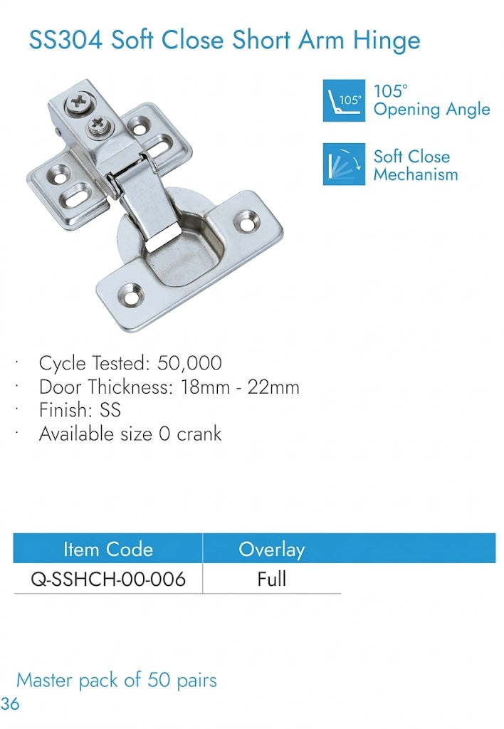 Image of SS304 Soft Close Short Arm Hinge
