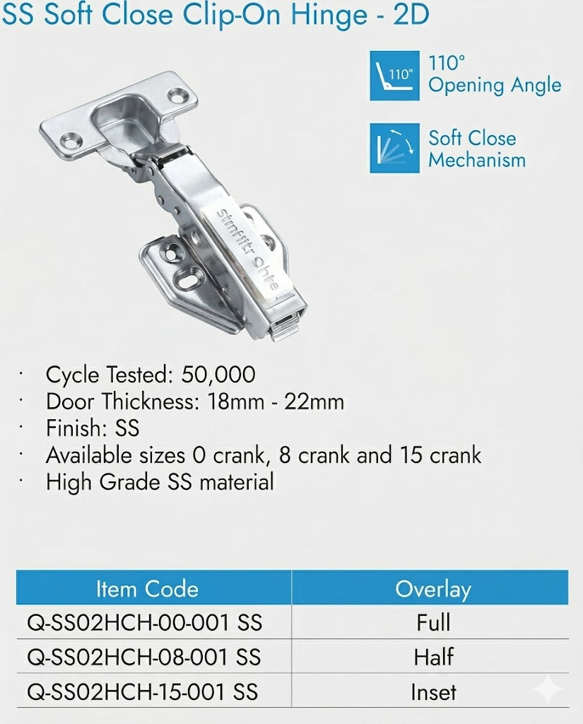 Image of SS Soft Close Clip-On Hinge - 2D