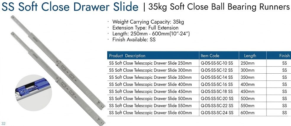 Image of SS Soft Close Drawer Slide 35Kg