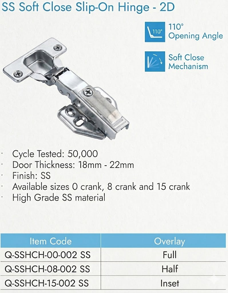 Image of SS Soft Close Slip-On Hinge - 2D