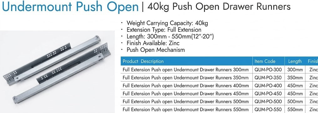 Image of Undermount Push Open 40Kg Drawer Runners